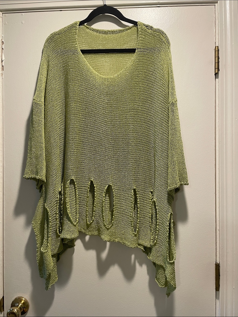 Light Green Open-Knit Fringe Poncho Sweater